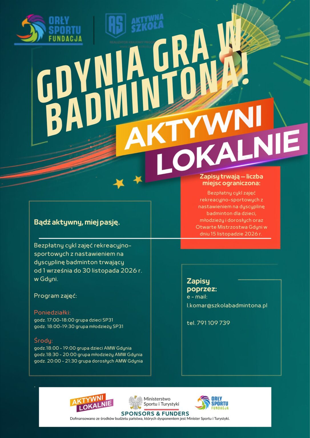 Plakat programu Gdynia gra w badmintona z harmonogramem zajęć